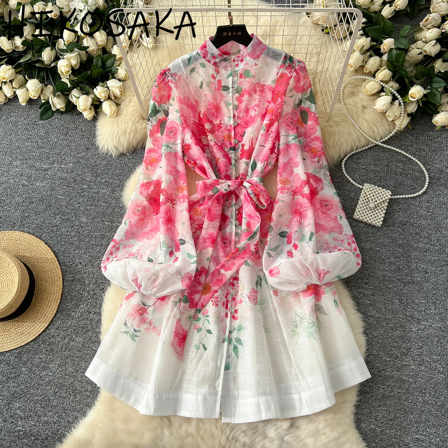 

French Style Sweet Summer Dress Women Bandage Slim Waist Print Robe 2025 New All-match Aesthetic Lantern Sleeve Vestidos