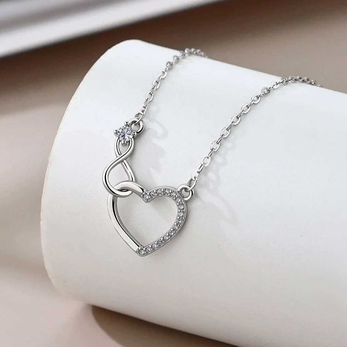Simulated Moissanite Infinite Love Heart Pendant Necklace Real S925 Sterling Silver for Women Fine Jewelry Gifts Choker de Prata