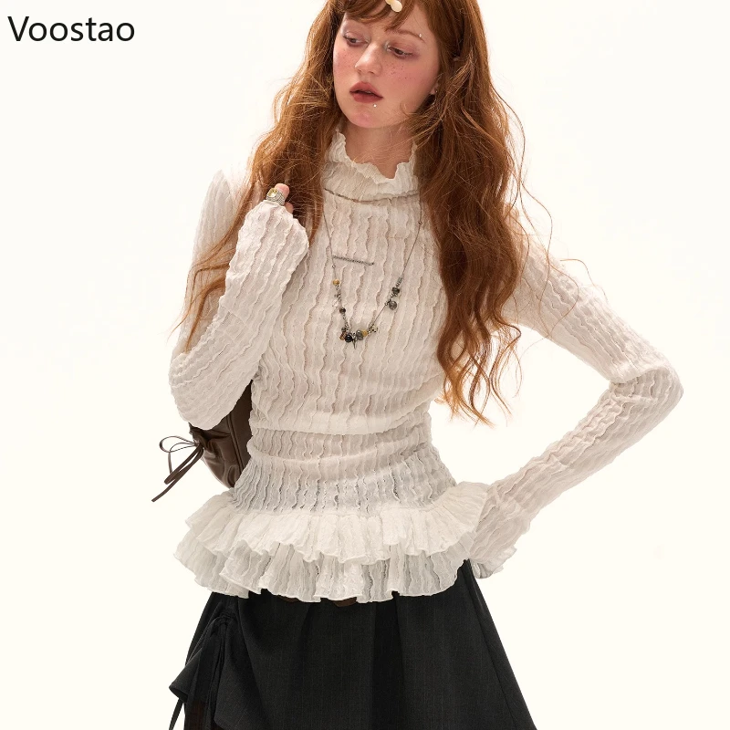

Autumn Y2k Aesthetics Fairy T-Shirts Women Harajuku Ruffles Patchwork Long Sleeve Tops Female Streetwear Casual Solid Sweet Tees