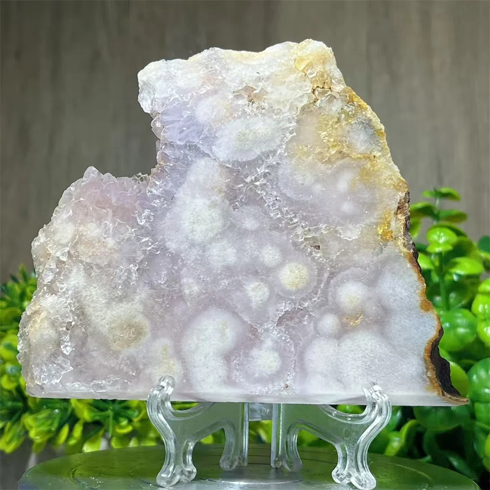 Pink Amethyst Flower Agate Slab Carving Stone Quartz Crystal Natural Mineral Decoration Healing Gemstone Mineral +Stand