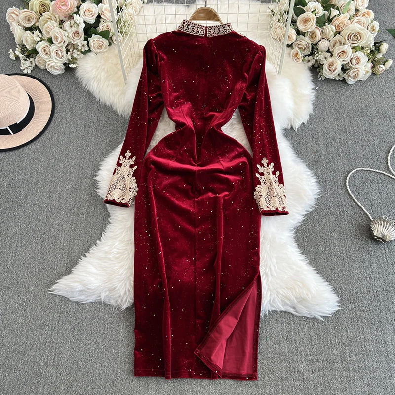 Evnisi-女性のためのエレガントなレースのドレス,モックネックスリムドレス,長袖,中国のチャイナドレス,ヴィンテージ,台形のパーティードレス