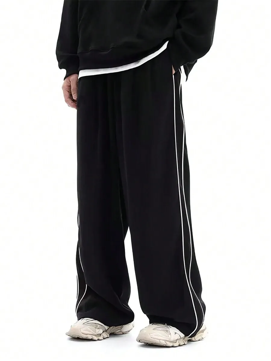 Manfinity Dauomo Men Casual Loose Wide-Leg Pants, With Side Seam Pockets And Patchwork Design, For Fall