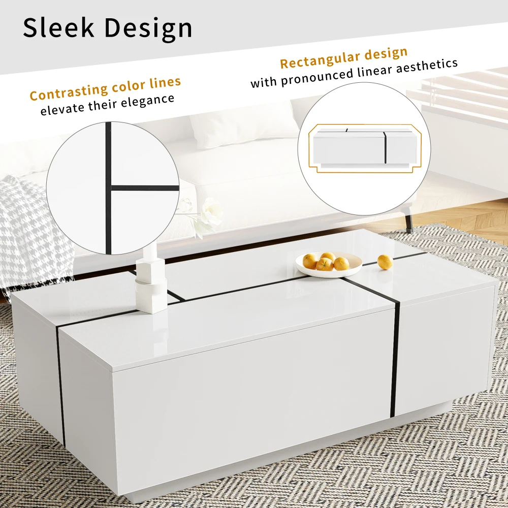 47.2''-72.7'' Extendable Coffee Table, Multi-Functional Coffee Table with High-Gloss Finish, Coffee Table for Living Room