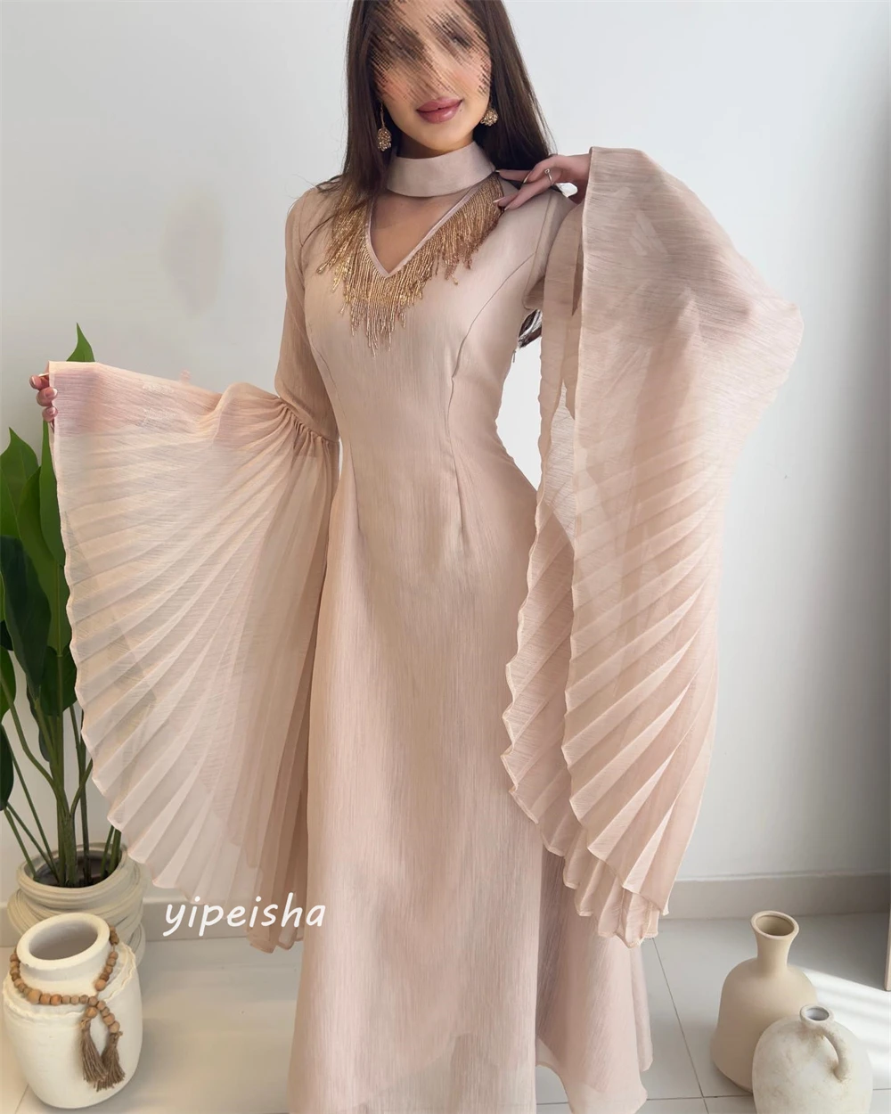 Chiffon Rüschen drapiert Quaste Strand A-Linie hohen Kragen maßge schneiderte Anlass Kleid Midi Kleider Abend Saudi-Arabien