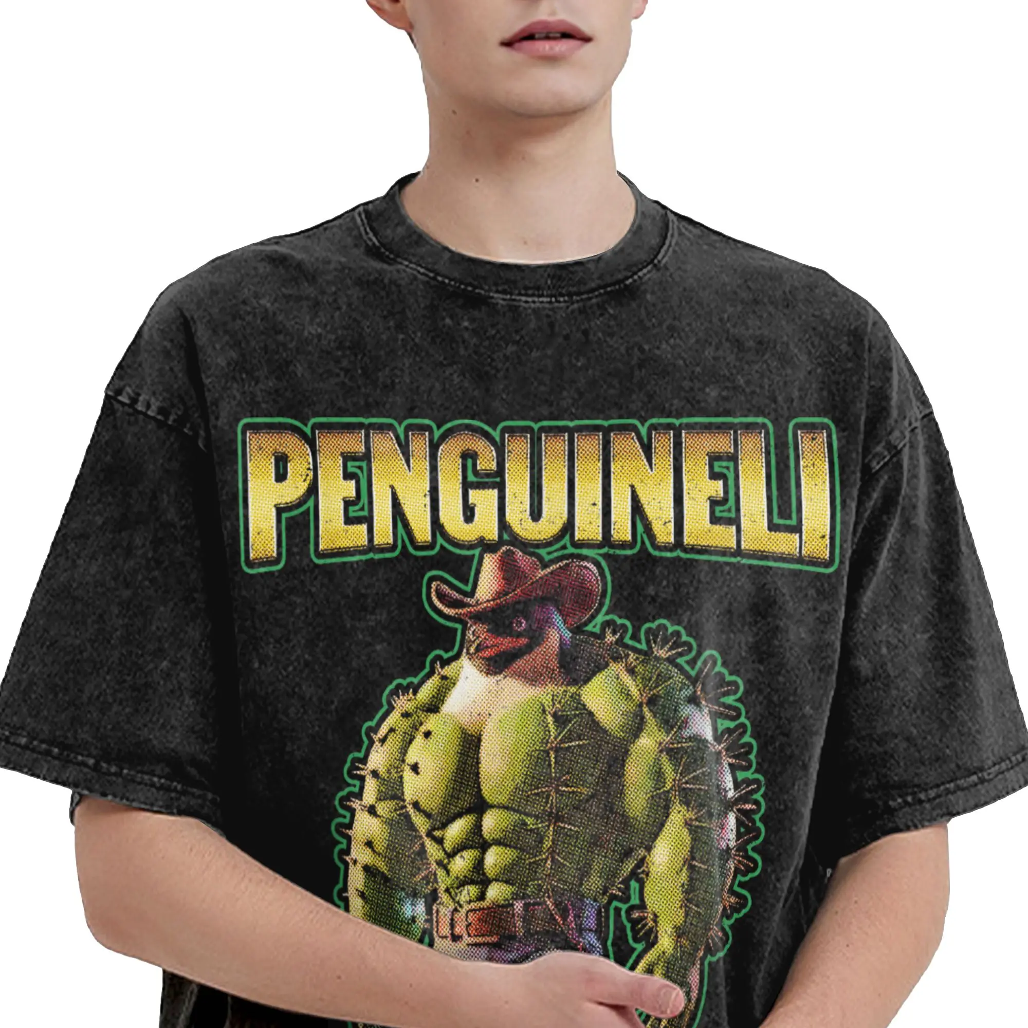 Penguineli Cactusini الإيطالية Brainrot تي شيرت الرجال القطن الخالص تي شيرت تقليدي طاقم الرقبة قميص ملابس قصيرة الأكمام الرسم