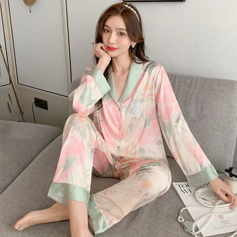 

Pyjamas Long Nightwear Pijamas Pajamas Women's Sleepwear Winter Sleeve Autumn Faux Thin Silk Lapel Pants Female Satin