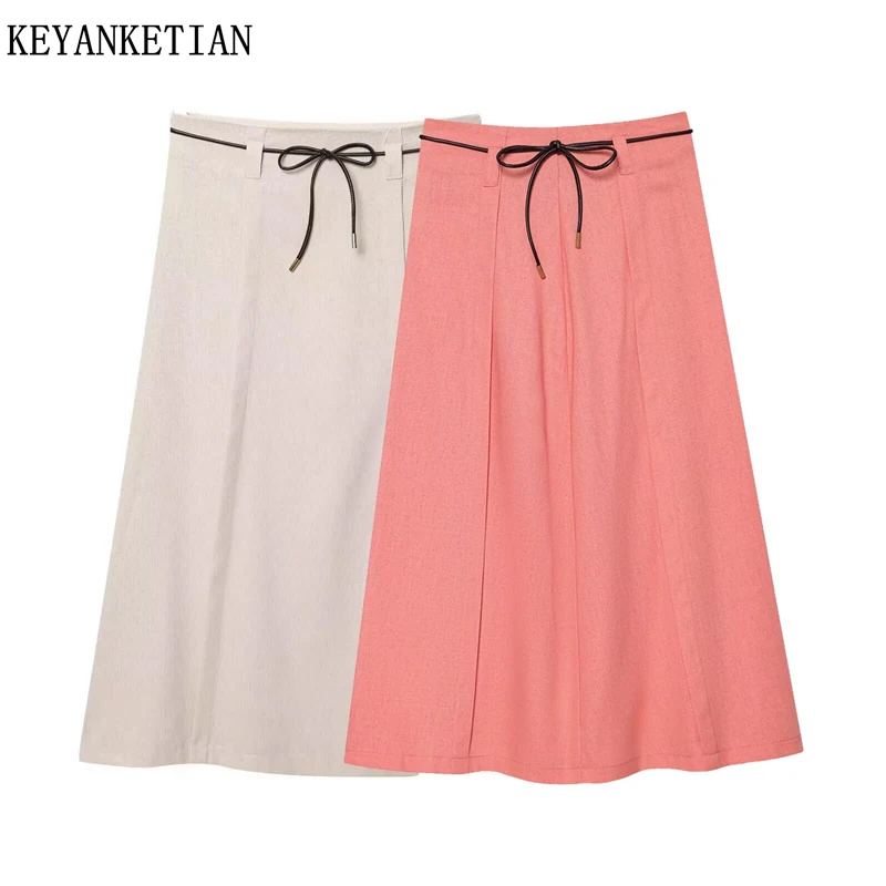 KEYANKETIAN 2025 Autumn New Women's With Belt Linen MIDI Skirt French Style Side Zipper High Waist Solid color Slim A Line Skirt