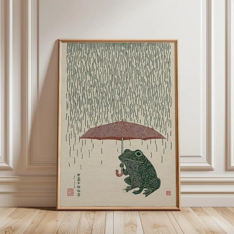 Japanischer Frosch mit Regenschirm Poster, Kunstdruck, Heimdekoration, rahmenlose Leinwandkunst, Wanddekoration, Poster