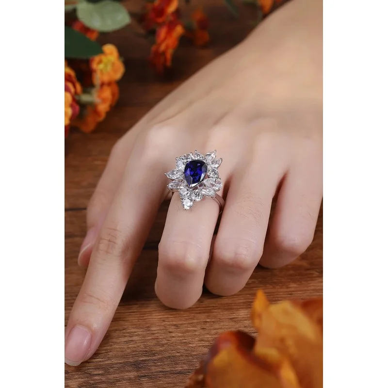 Pear Cut Lab Made Diamonds Ring in S925 Sterling Silver with Created Blue Sapphire for Women Elegant Minimalist Jewelry