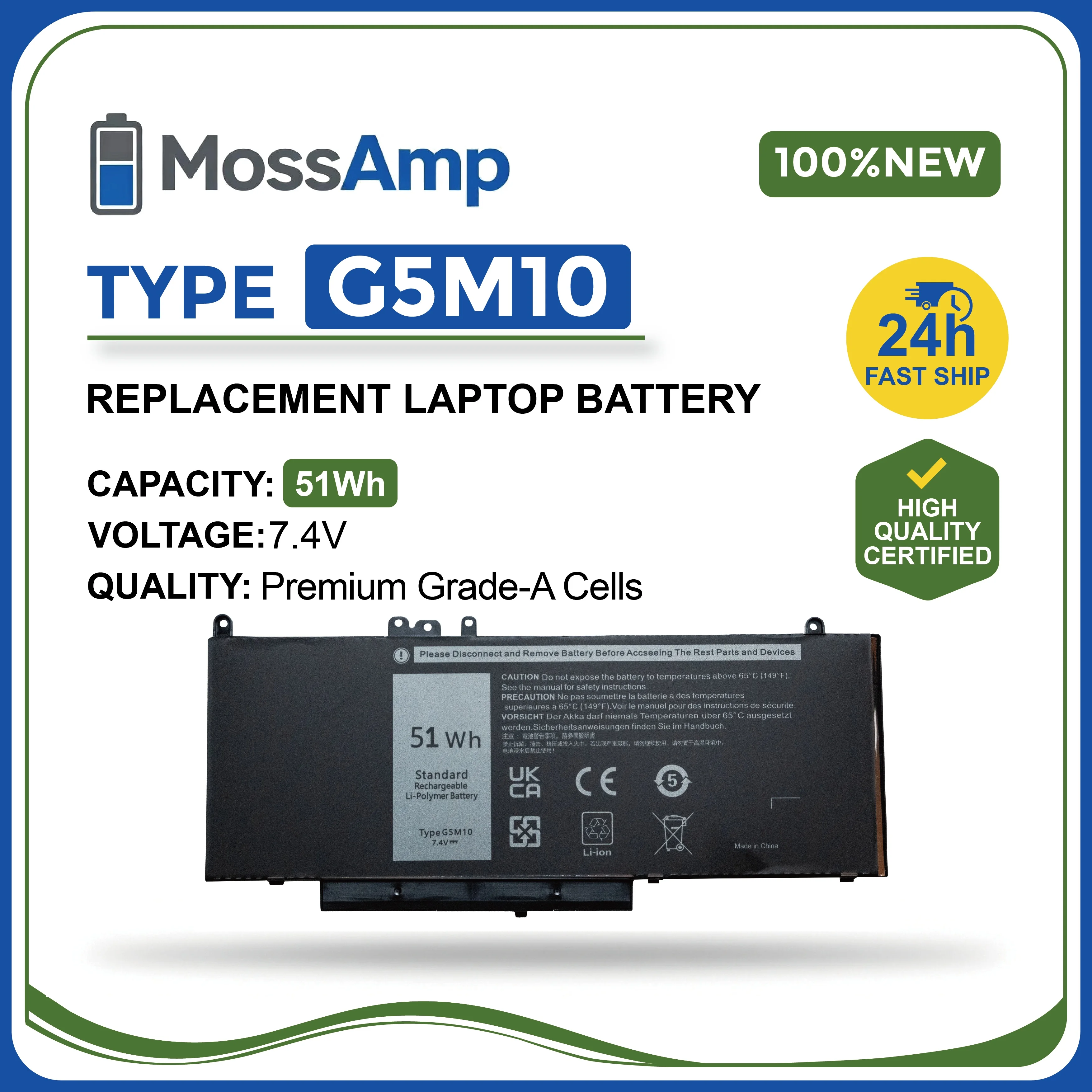

MossAmp G5M10 for DELL Latitude 3150 3160 E5250 E5270 E5450 E5470 E5550 E5570 Compatible with 8V5GX WYJC2 F5WW5 R9XM9 079VRK