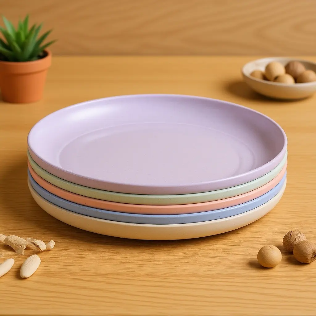 5Pcs Wheat Straw Plates Natural PP Material Shallow Rim Flat Bottom Safe Unbreakable Dinnerware Set for Breakfast Lunch Dinner view 6