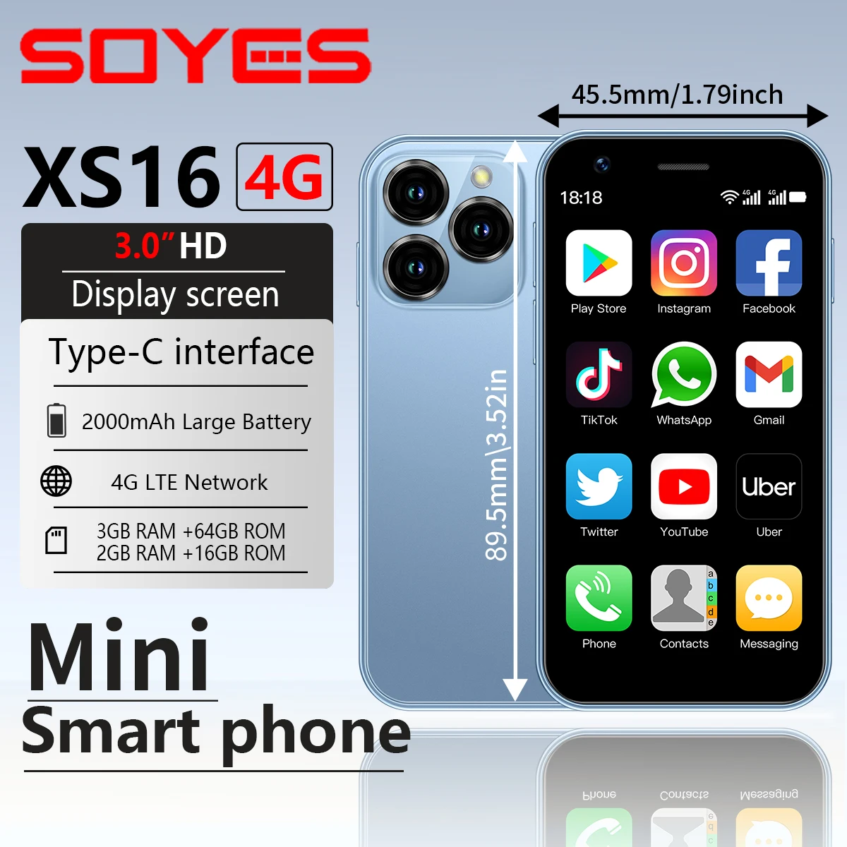 SOYES XS16 Mini 4G LTE Mini Smartphone 3.0 Inch Display 3GB RAM 64GB ROM 5MP Camera Dual SIM With Play Store WhatsAPP