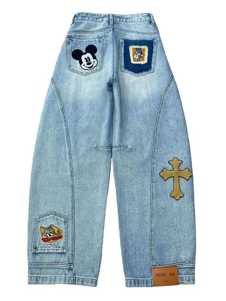 Jeans con lama curva ricamata alla moda di Topolino simpatico cartone animato Disney, nuovi pantaloni larghi a forma di banana versatili e alla moda.