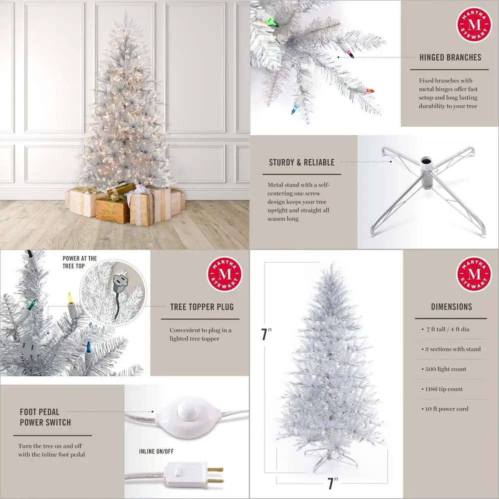 

Giant 5-Foot Silver Tinsel Christmas Tree with Clear LED Lights, Premium Holiday Decoration