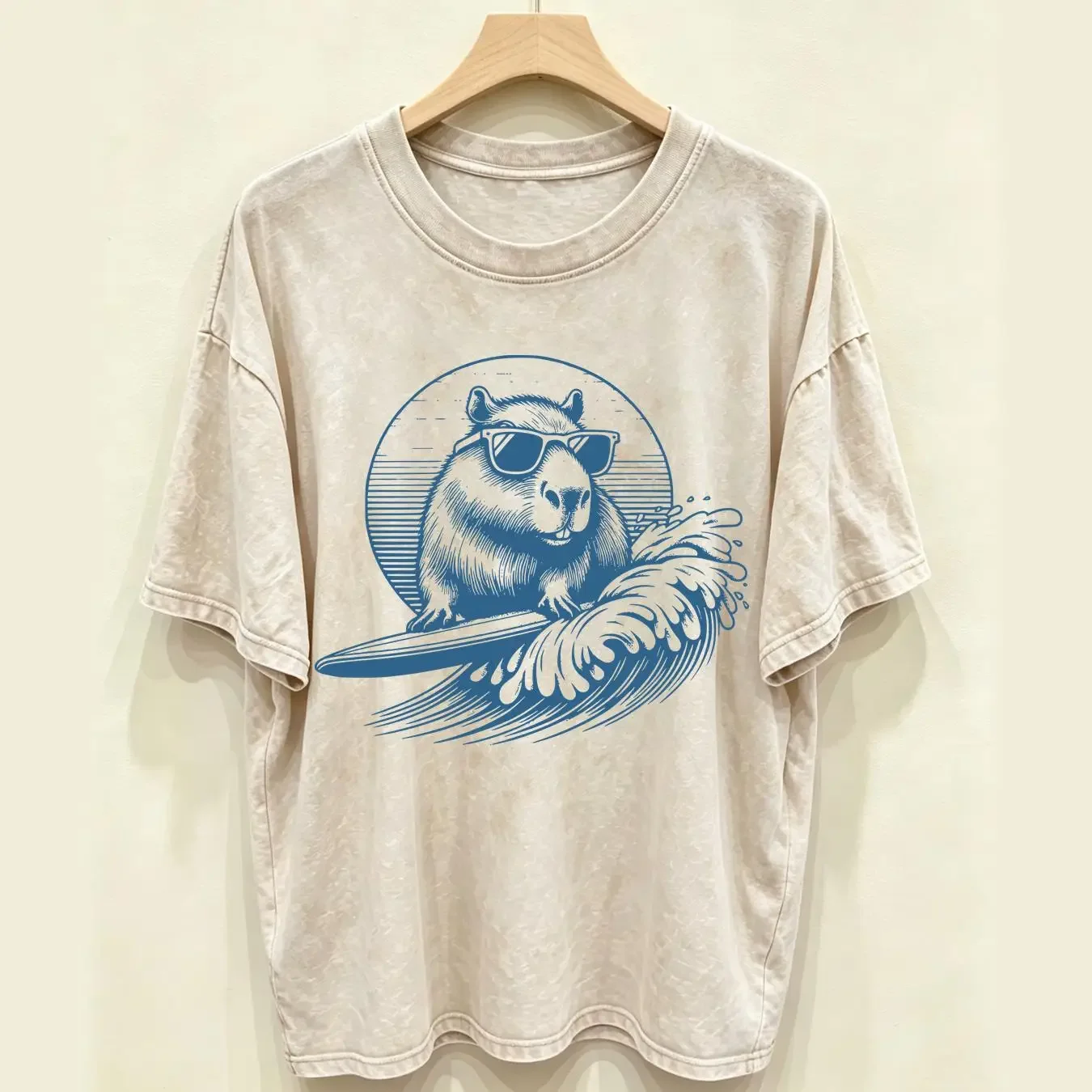 washed T Shirt Funny Capybara Crewneck Surfing for Shirtns long or short sleeves vintage Washed graphic Stylish