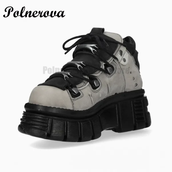 

Metal Platform Single Shoes Women Rock Punk Style Thick-Soled Shoes Spanish Style Retro Punk Leather Shoes Women Zapatos Mujer