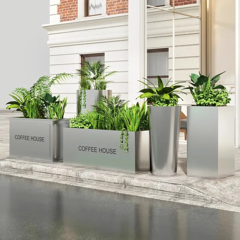Stainless steel rectangular flower box outdoor round metal flower pot wrought iron municipal flower groove guardrail partition