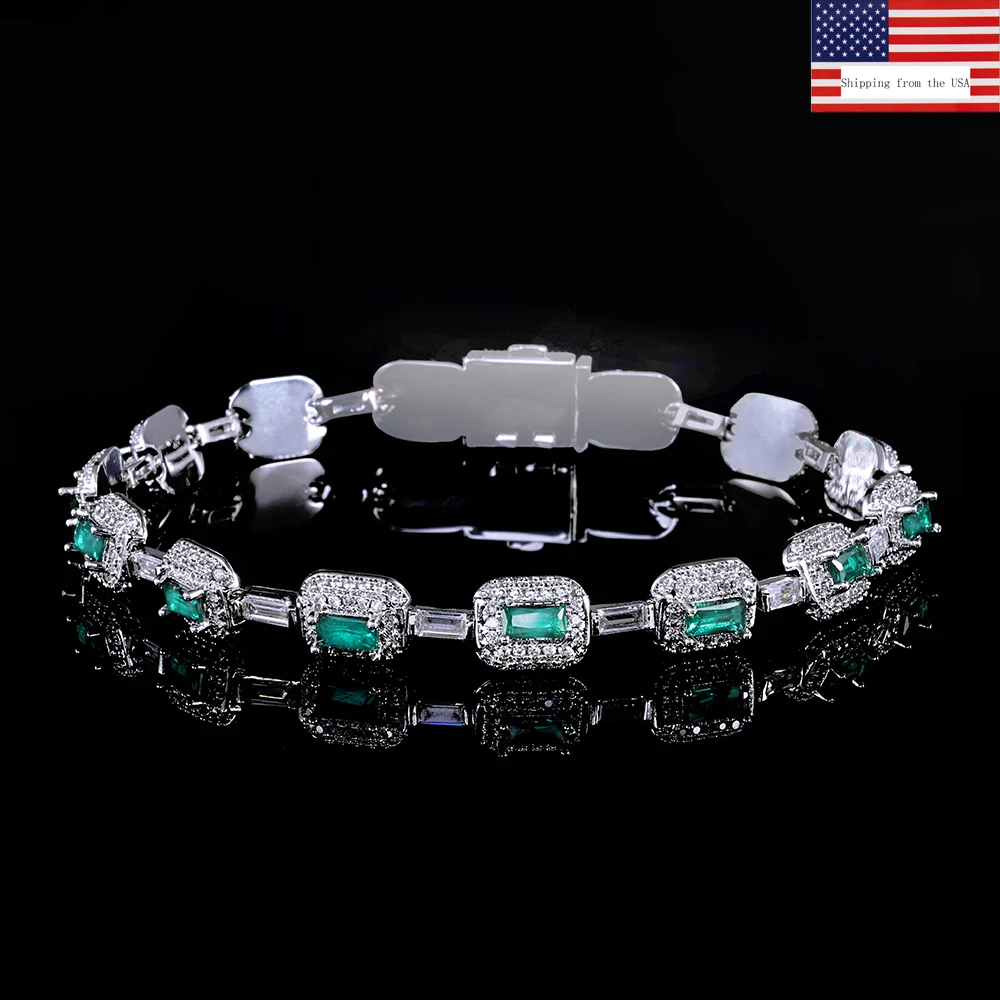 

Hip Hop Jewelry Iced Emerald Cushion Cut Diamond Bracelet White Gold Inlaid Green Baguette Zircon Man Bracelet