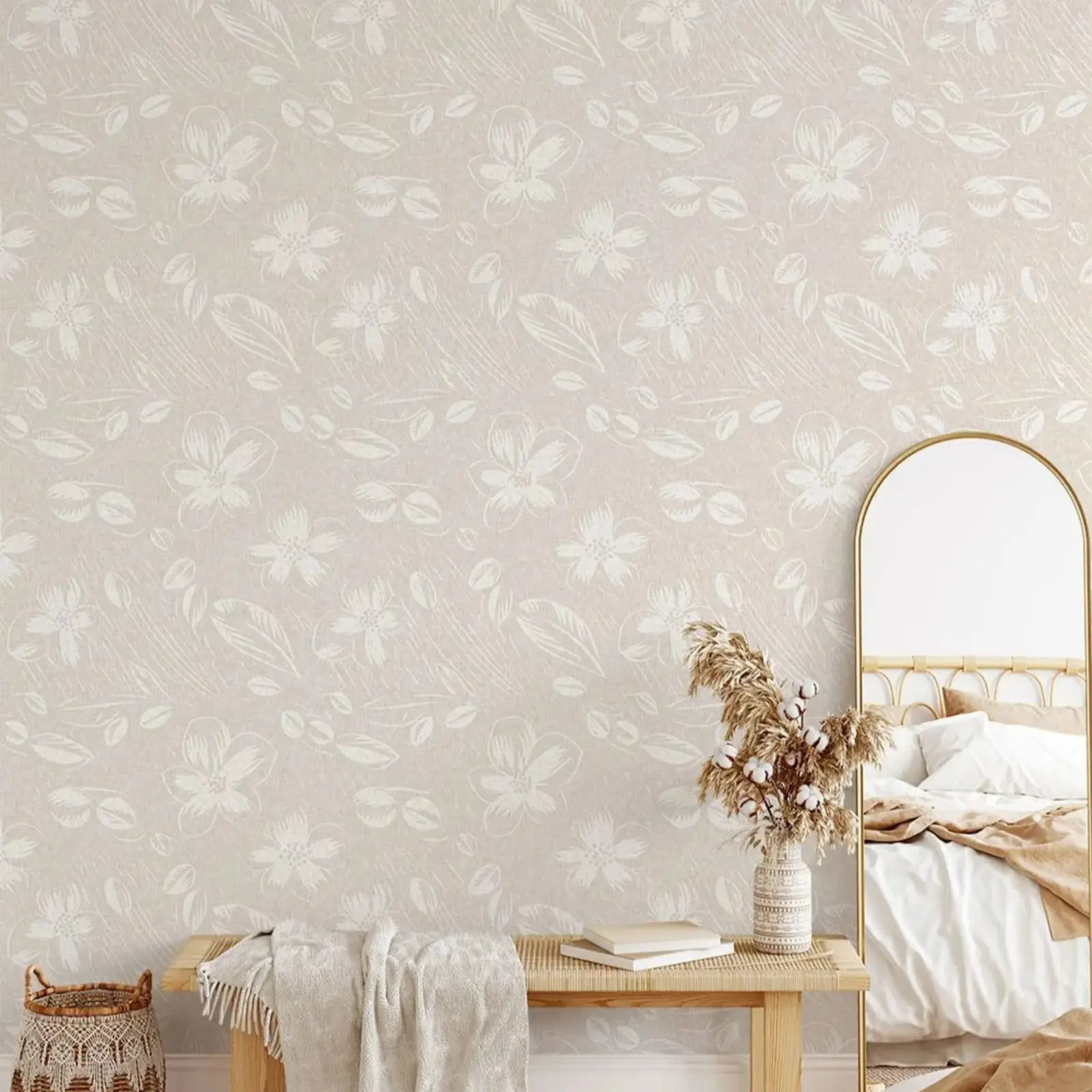 

Нейтральные бежевые обои с цветочным принтом, светло-бежевые настенные обои в стиле бохо, кожурой и наклейкой, традиционные или самоклеящиеся цветочные обои