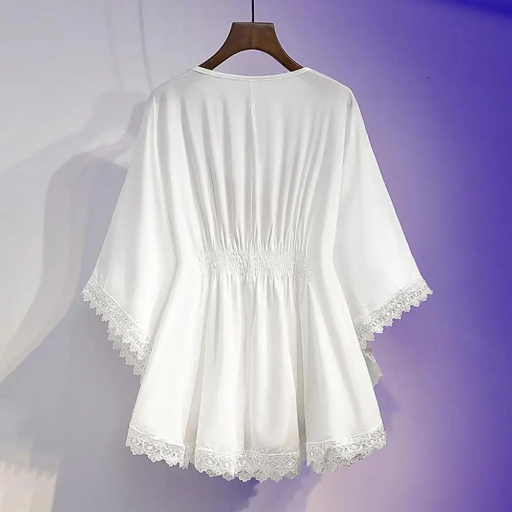 Chemises à manches en Y en mousseline de soie à la mode avec motif de broderie à lacets taille haute élastique, ourlet incurvé, été