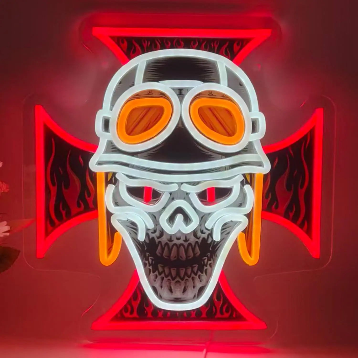 Biker Skull Cross LED Neon Sign USB Powered Man Cave Wall Light, Christmas Decor Neon Lamp, Garage Bar Pub Wall Art Xmas Gift