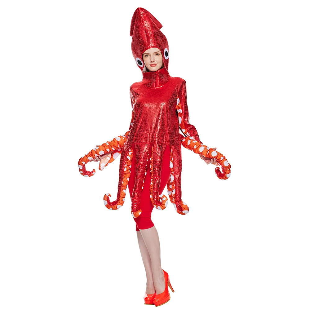 Jumpsuit spons gurita merah lucu, perlengkapan pesta Cosplay, kostum hewan Halloween, Gaun mewah, karnaval, orang tua dan anak