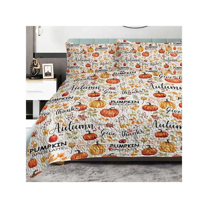 

Autumn Leaves Pumpkin Design 3-Piece Queen Quilt Set for All Seasons with 2 Pillowcases - Ideal for Kids, Teens, and Adults -