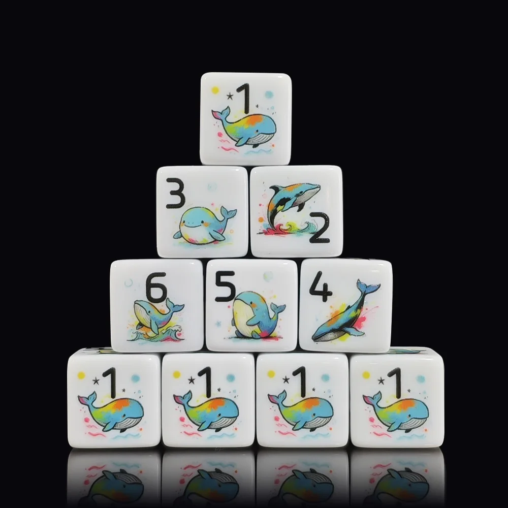 12Pcs 16MM D6 Vivid Cartoon Ocean Whale Printed Acrylic Dice Fit DND D&D MTG Tabletop Fantasy Game For Player D6 Dice