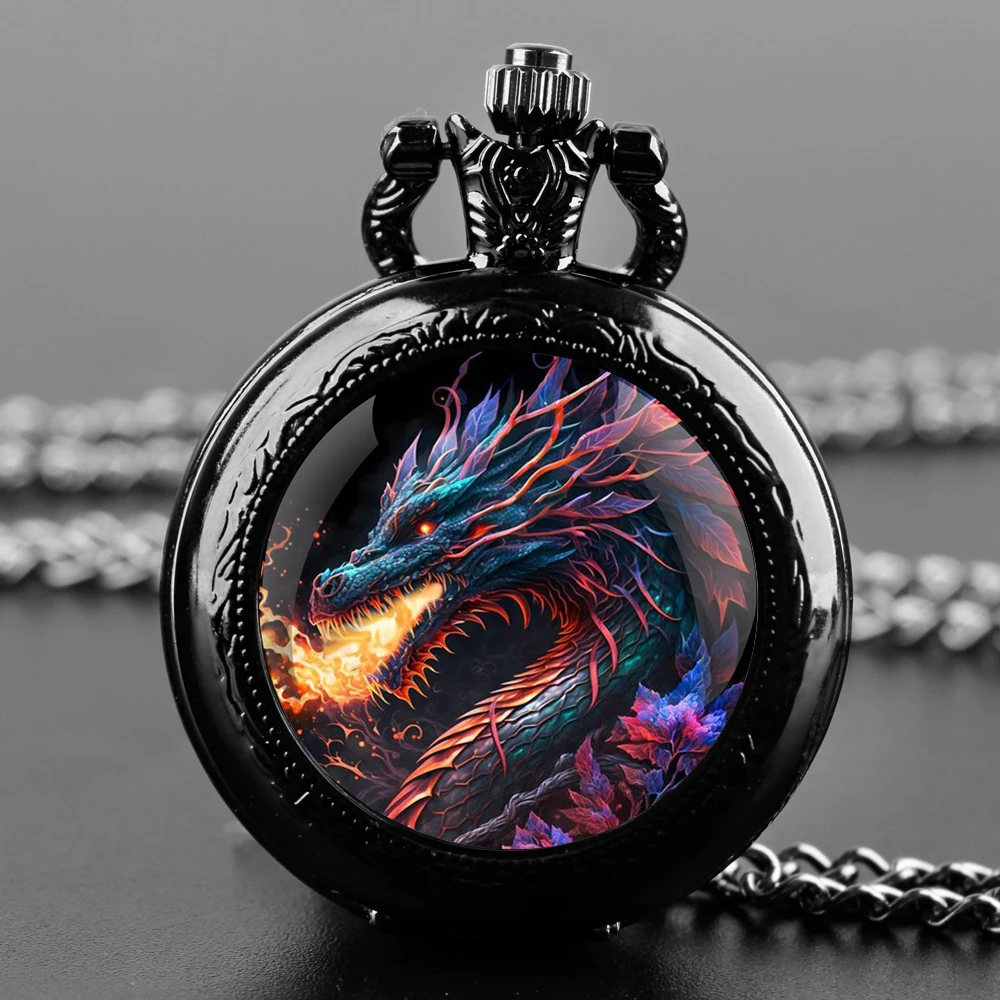 Colorful Dragon Design Glass Dome Quartz Pocket Watch With Durable Chain Arabic Numeral Dial For Men And Women Creative Gifts