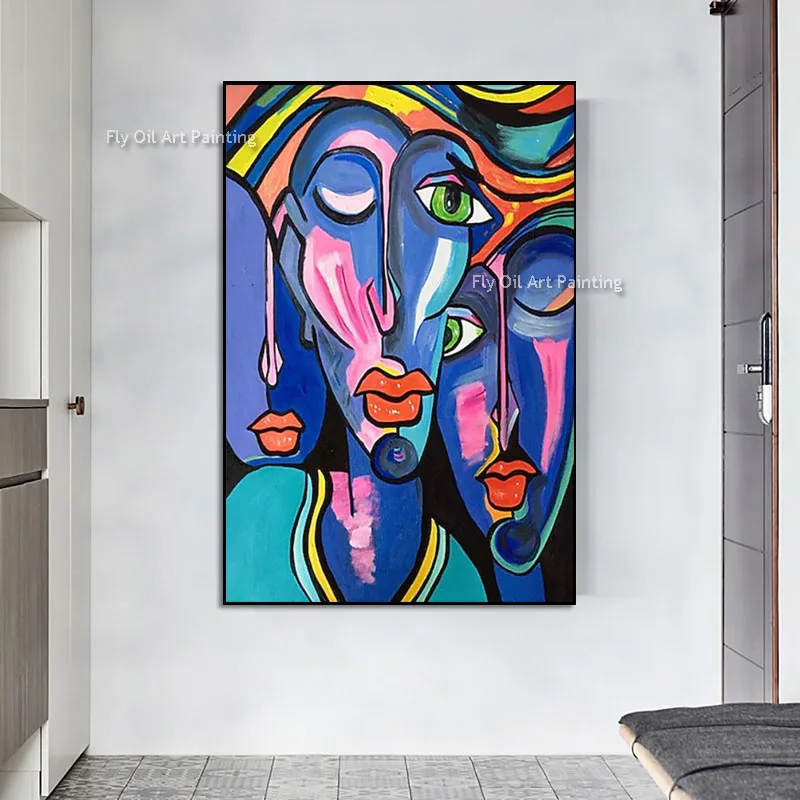 Hand Painted Impasto Oil Painting, Bold Color Cubist Faces Abstract Canvas Art, Palette Knife Textured Wall Decor