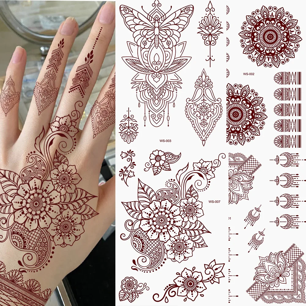 1Pcs Henna Tattoos, Henna Temporary Tattoos Red Brown Lace Waterproof Tattoo Stickers for Women Wedding Party Festival Decoratio