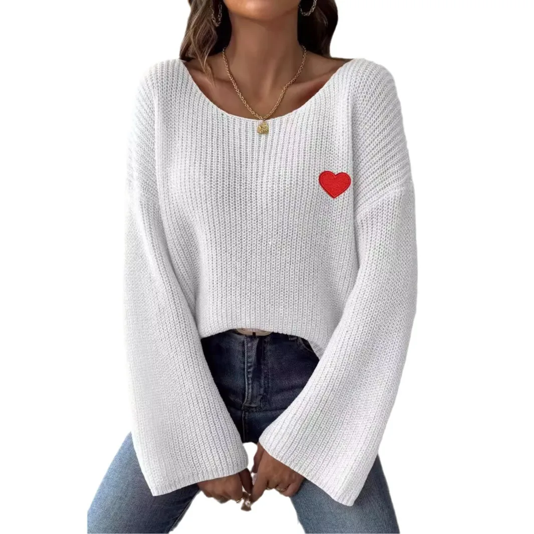 Women's Sweater Single Collar Off Shoulder Flared Sleeves Embroidered Heart-shaped Pullover M