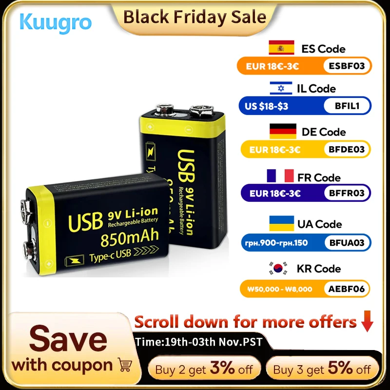 

Kuugro 9V Rechargeable Li-ion Battery 850mAh USB Charging 6F22 Compatible with RC Helicopter Model Multimeter Toy