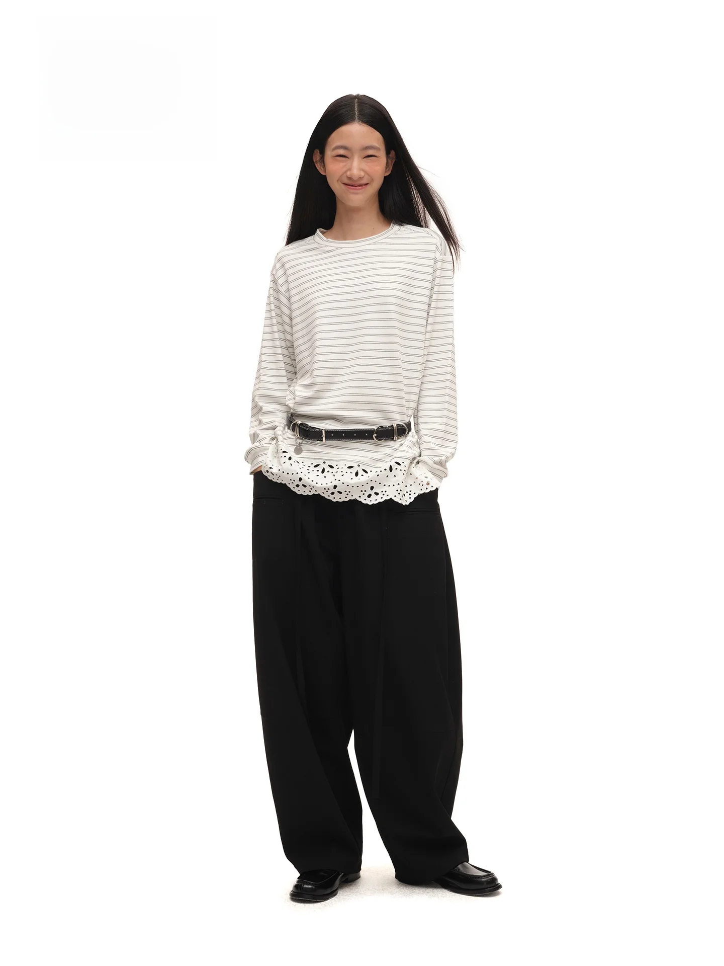 

ChicChi Sli Chien Layered Bla White Stripe Embroidered Ruffle Splice Modal Long Sve T-irt Women's Faion Top