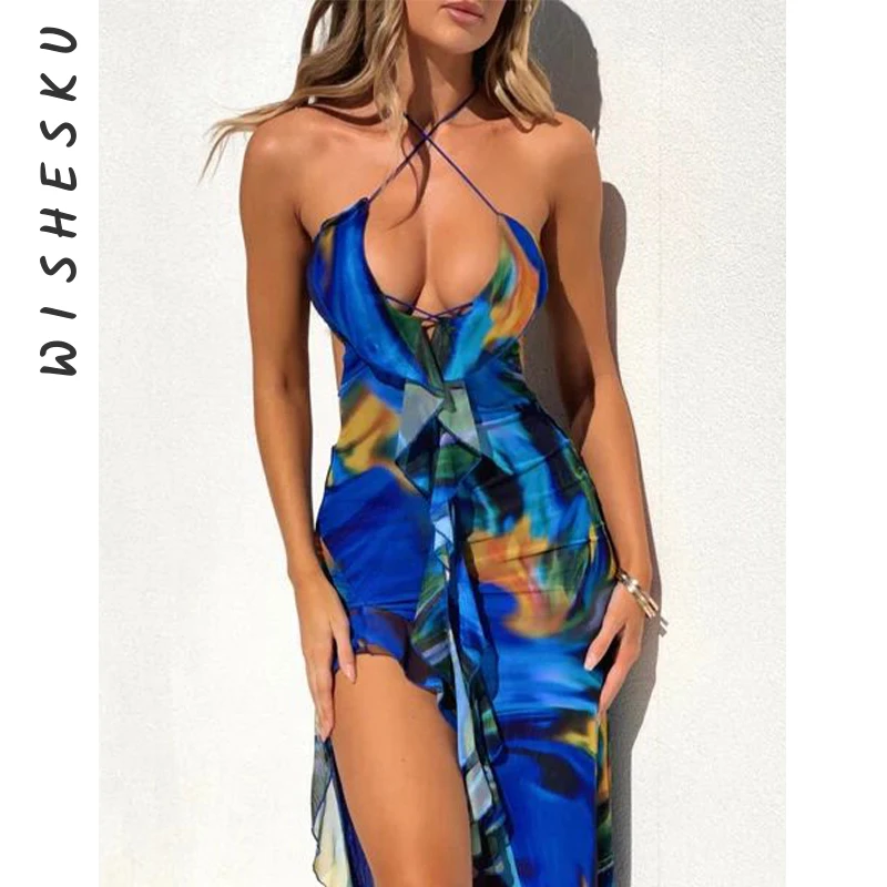 Sexy Halter Uitgesneden Ruche Maxi Jurk Vrouwen Backless Print Hoge Split Casual Vakantie Zomerjurk 2023 Zomer Strand Y 2K Kleding