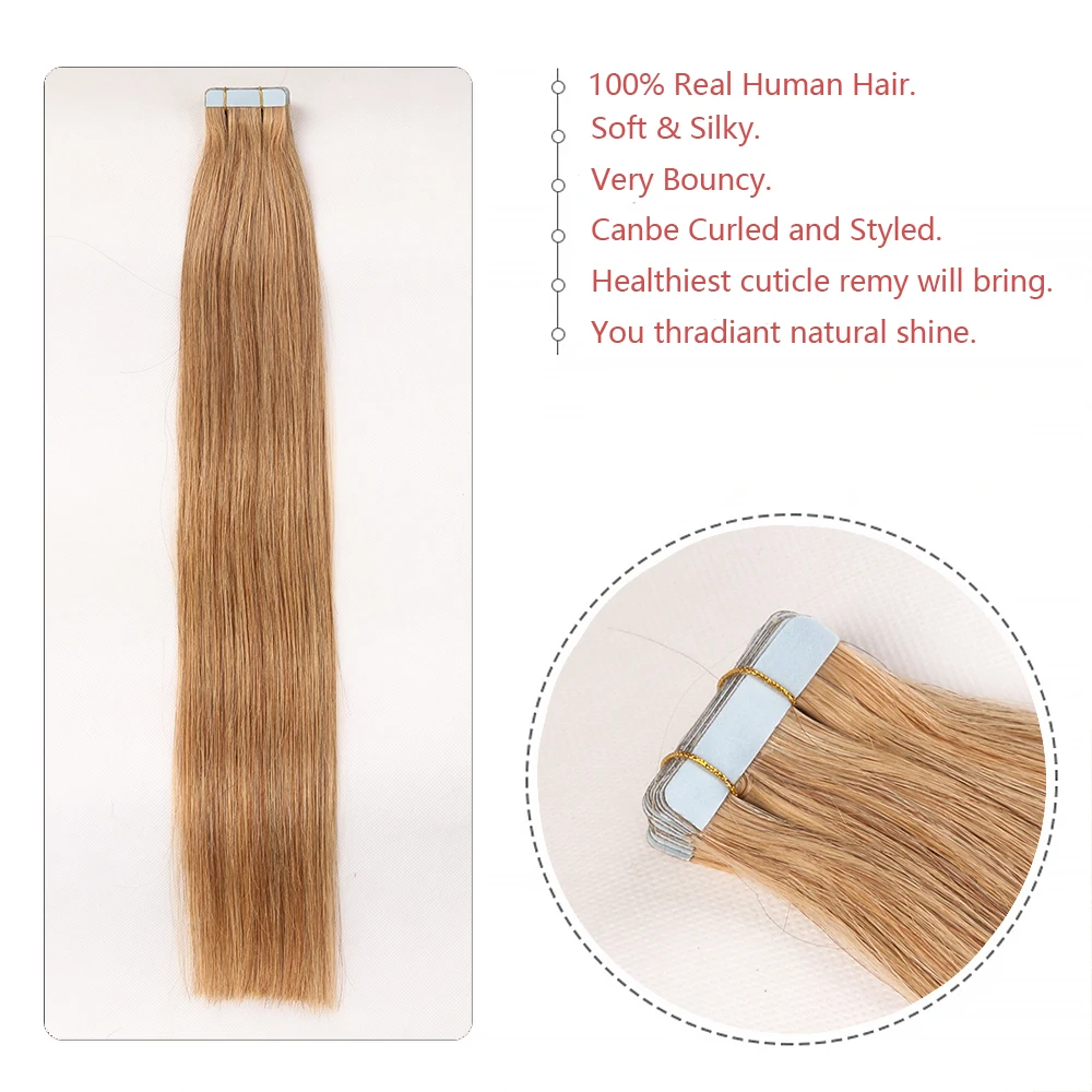 Extensions de Cheveux Humains 100% Vrais, Sans Couture, Couleur Blonde #27, 24 Pouces, 20 Pièces