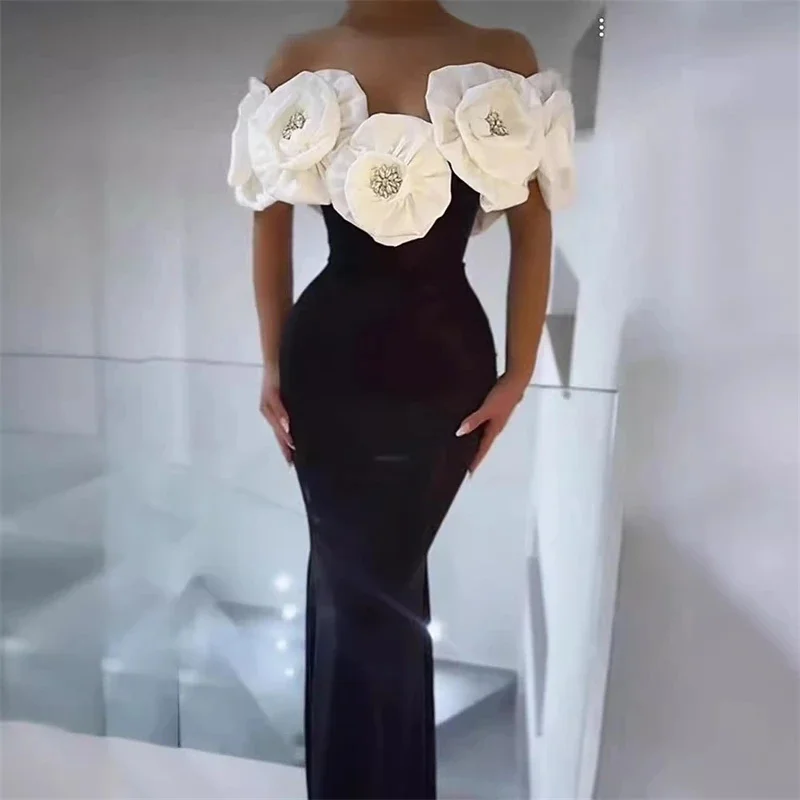 

Big White Flowers Women Off The Shoulder Bodycon Long Bandage Dress Celebrate Evening Party Birthday Dress Vestido Party Outfit