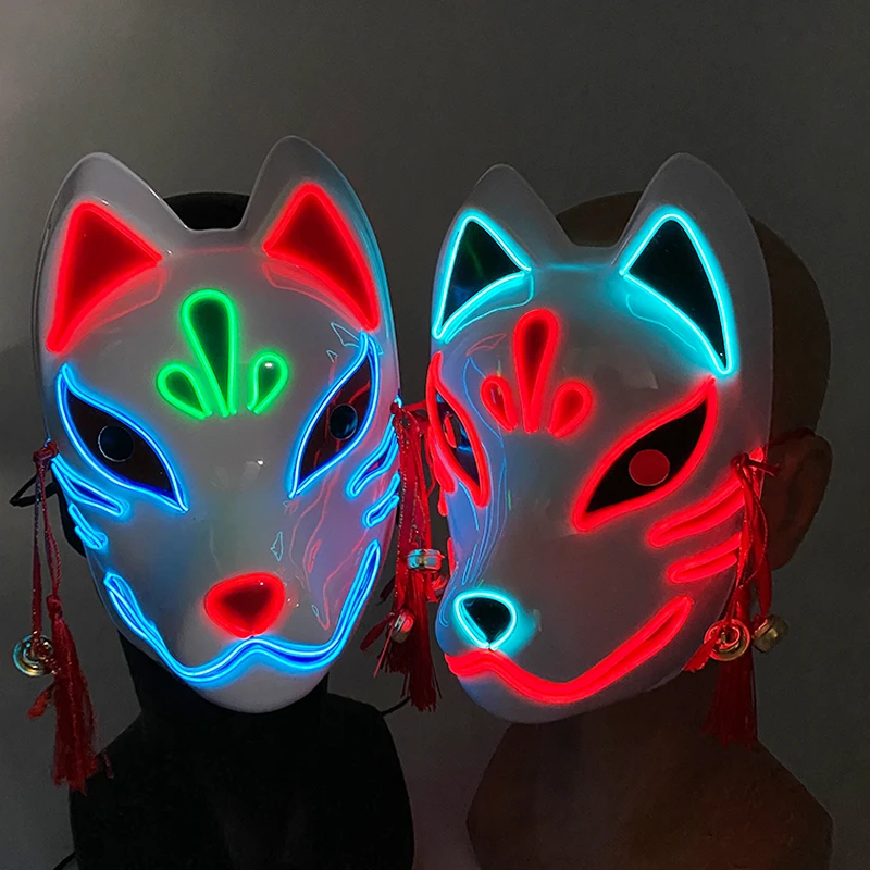 Máscaras de zorro LED, máscara de Halloween, Cosplay, accesorios de zorro, máscara japonesa, pinturas luminosas, máscara de plástico de zorro de baile, máscara de zorro bonita