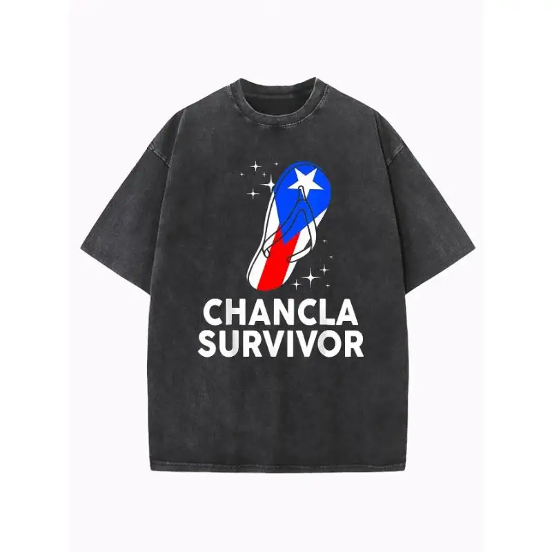 

Vintage Cotton "Chancla Survivor" T-Shirt Oversized Puerto Rico Flag Graphic Tee Funny Sarcastic Quote Gift for Men