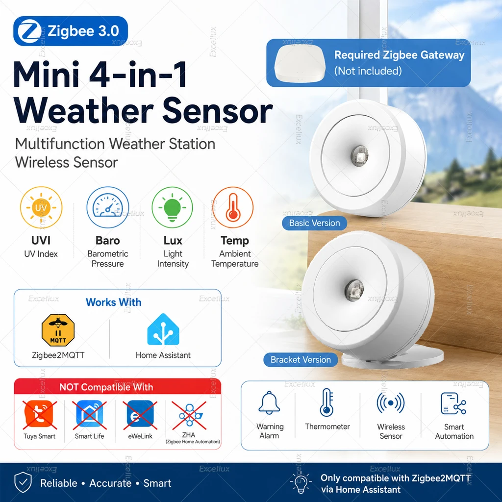 4-In-1 Zigbee 3.0 Weather Station Sensor UV Index,Barometric Pressure,Illuminance,Temperature Detection Works with Zigbee2MQTT
