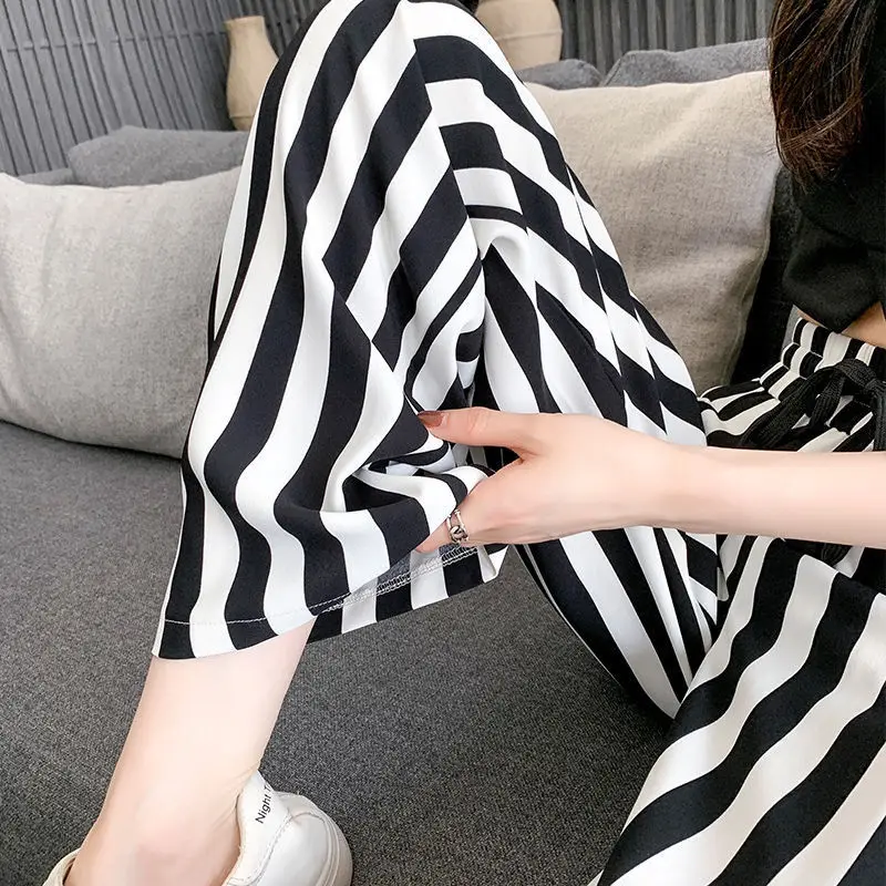 Summer New Women\'s Color Block High Waist Black and White Vertical Stripes Fashion Versatile Draping Loose Straight Leg Pants