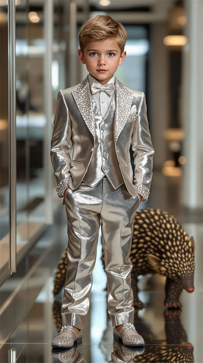 

Luxury Silver Boys Suit 3 Piece Set Beaded Stone Wedding Tuxedo for Kids Vest Jacket Pants 2-16 Years Formal Suit Customization
