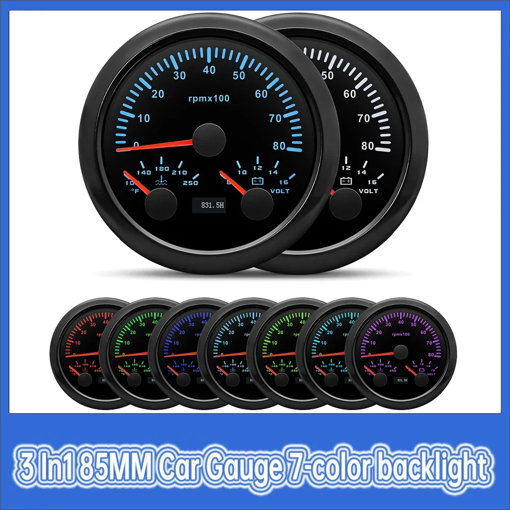 

3 in1 85MM Car Gauge 0-8000PRM Tachometer 100-250°F Water Temperature 8-16V Voltmeter with 7-color Backlight