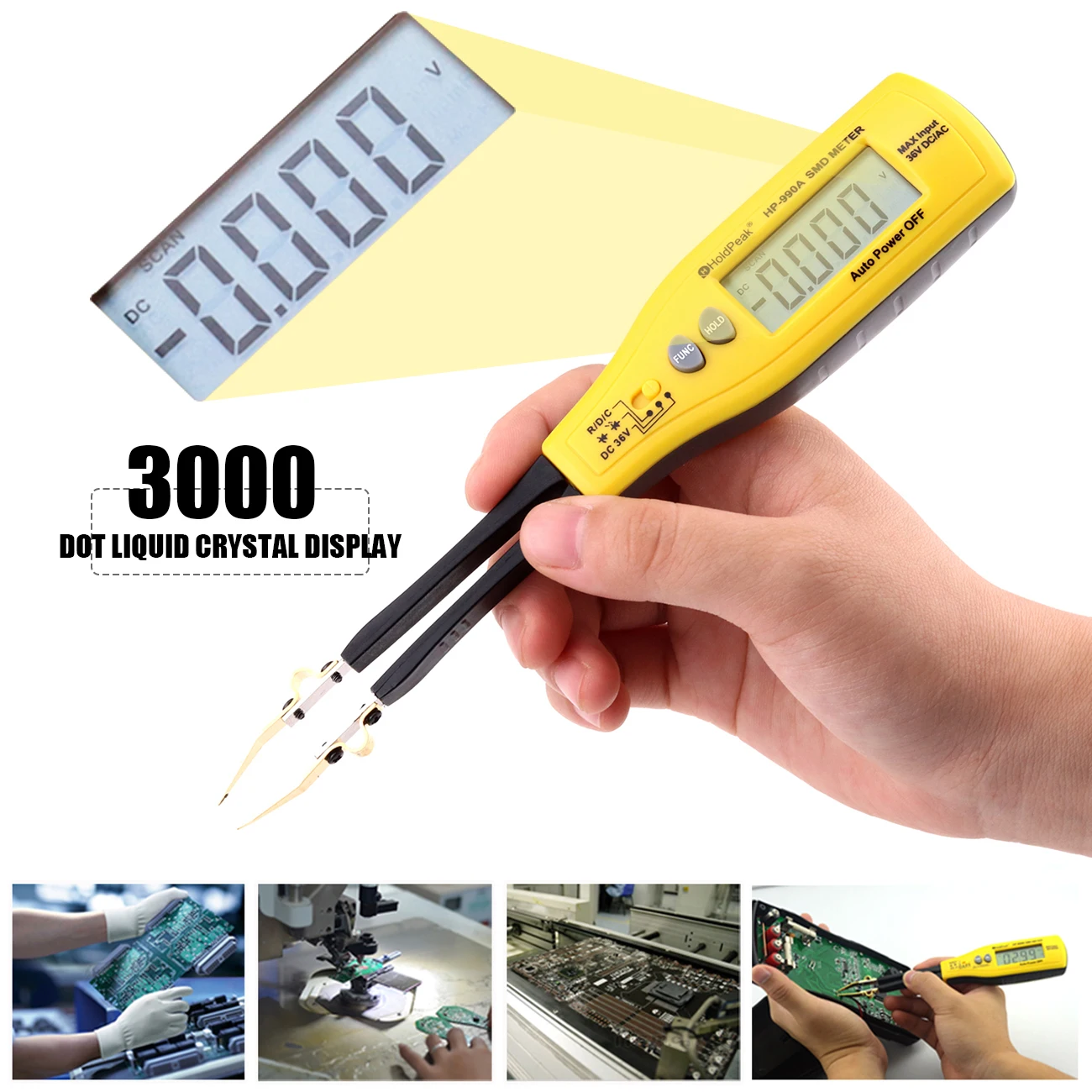 SMD Tester Multimeter Auto Scan Resistance Capacitance Diode Zener LED Continuity DC 36V Voltmeter Ohm with Gold Tweezers