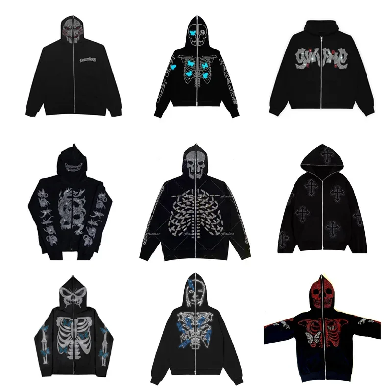 Y2K Zip Up Hoodie European American Trends Hot Diamond Pattern Men Women Streetwear Punk High Street Oversized Casual Pullover