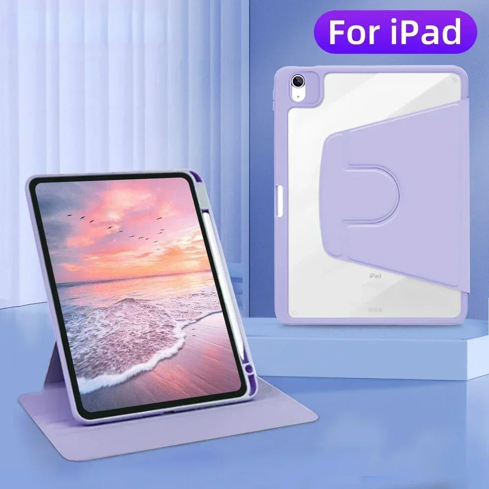 For Tablet iPad Pro 11 Case For Pro 12.9 Air 5 4 10.9 iPad 10th 7/8/9th Generation Mini 6 360° Rotatable Transparent Back Cover