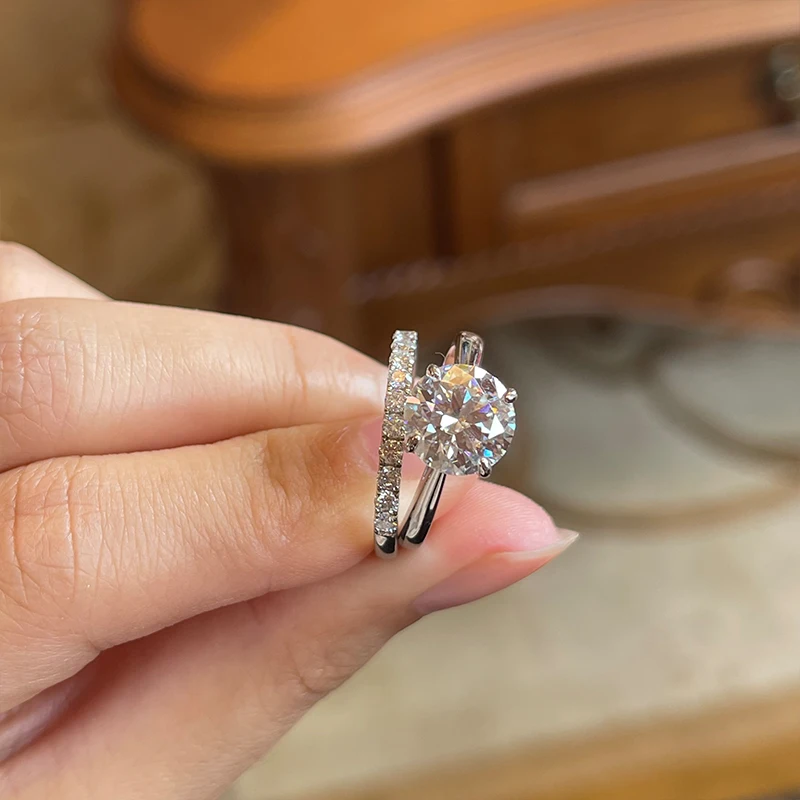 ANZIW 2 Karat ganz Moissanit-Ring, Braut-Sets, Silber 925, Solitär, Verlobung, Eheringe und stapelbare Ewigkeitsringe für Frauen – Detail 7