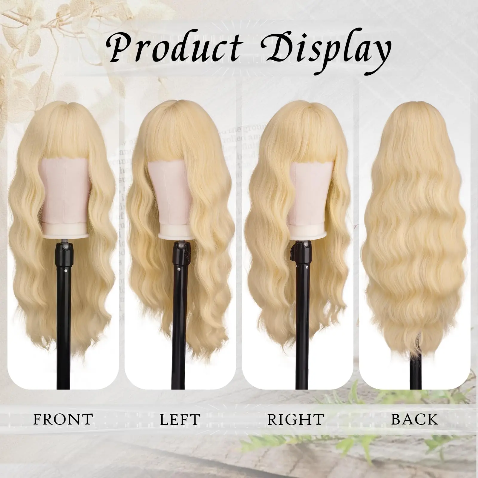 Golden has long wavy hair with bangs. Synthetic wig. Hot hair wig set. Halloween party cosplay wig. Everyday wig.