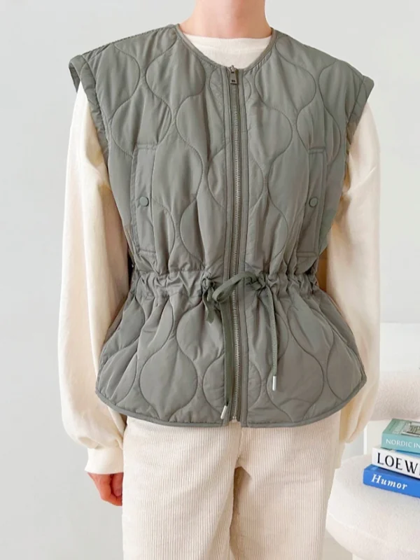 Casual Style Women's Cotton Vest Sleeveless Warmth Fashion Drawstring Simple Match Floral Embroidery Autumn Winter Clothes
