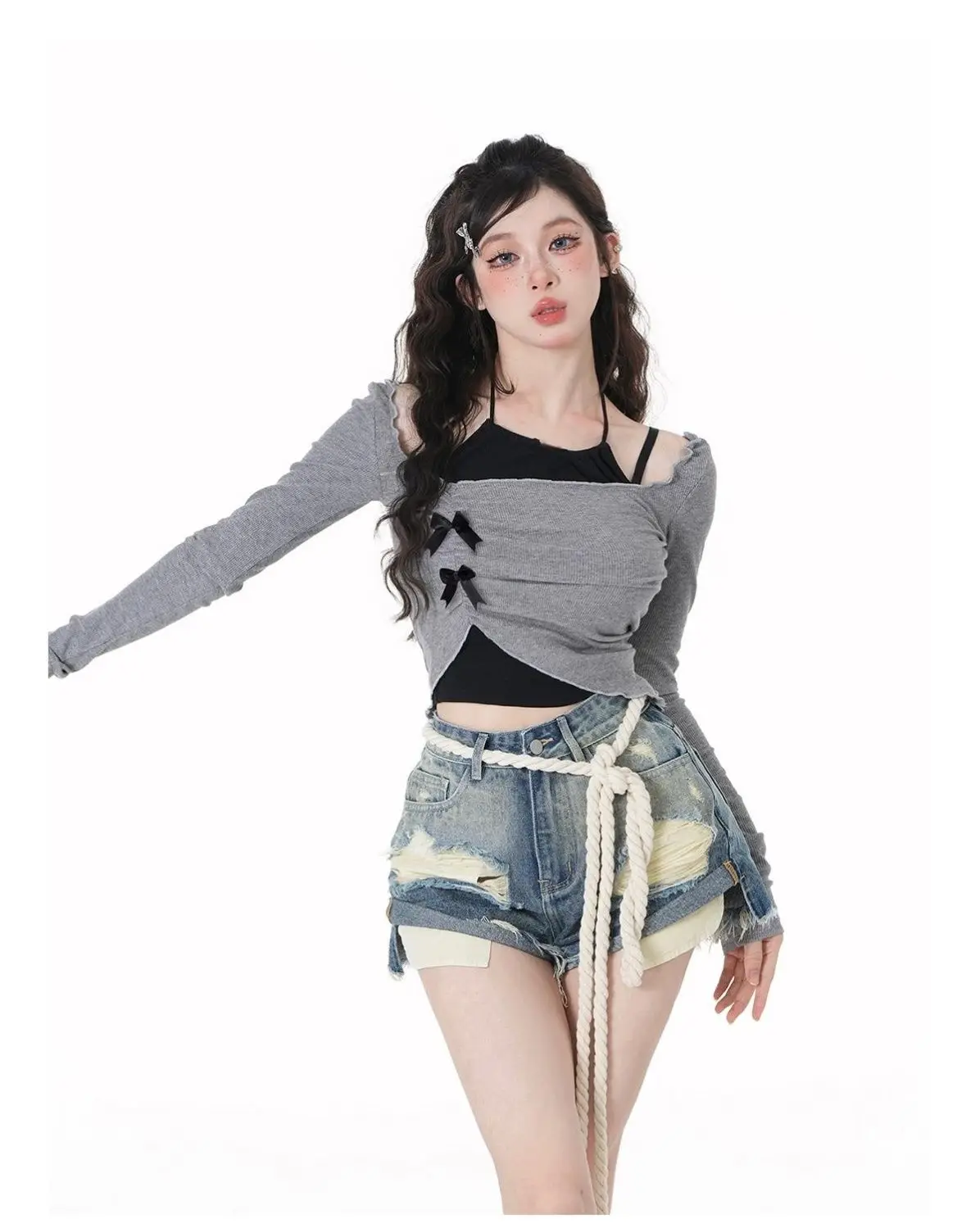 Mini Skirt and Halter Top Woman Y2K Matching Sets Spring Summer Sets Woman Gyaru Long Sleeve Sexy Crop T-Shirts Korean Fashion